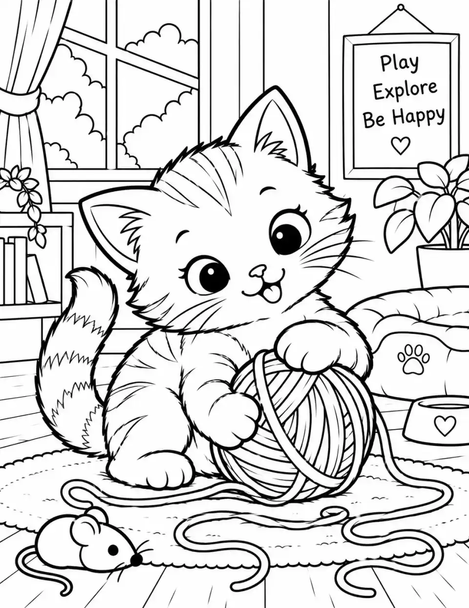 Cute kitten playing with a yarn ball in a cozy room coloring page
